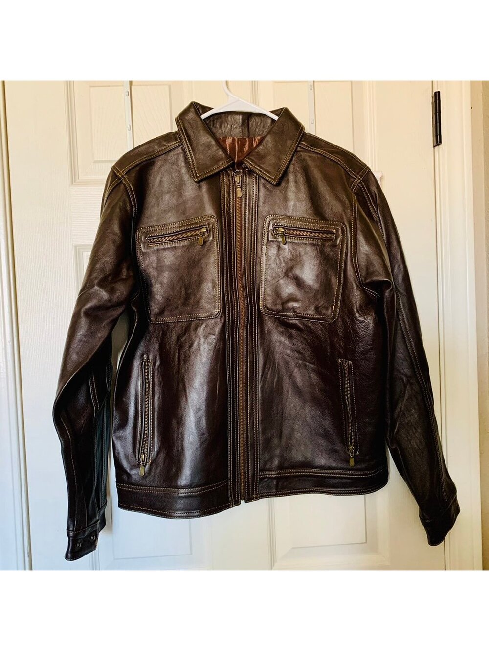 Leather Jacket MENS  BROWN REAL LEATHER JACKET Brown SLIM FIT L GENUINE NEW